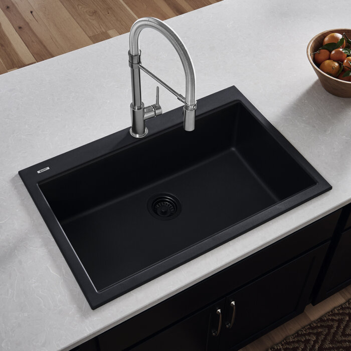 Ruvati 33 x 22 inch epiGranite Drop-in Topmount Granite Composite Quartz Single Bowl Kitchen Sink - Midnight Black- RVG11080BK