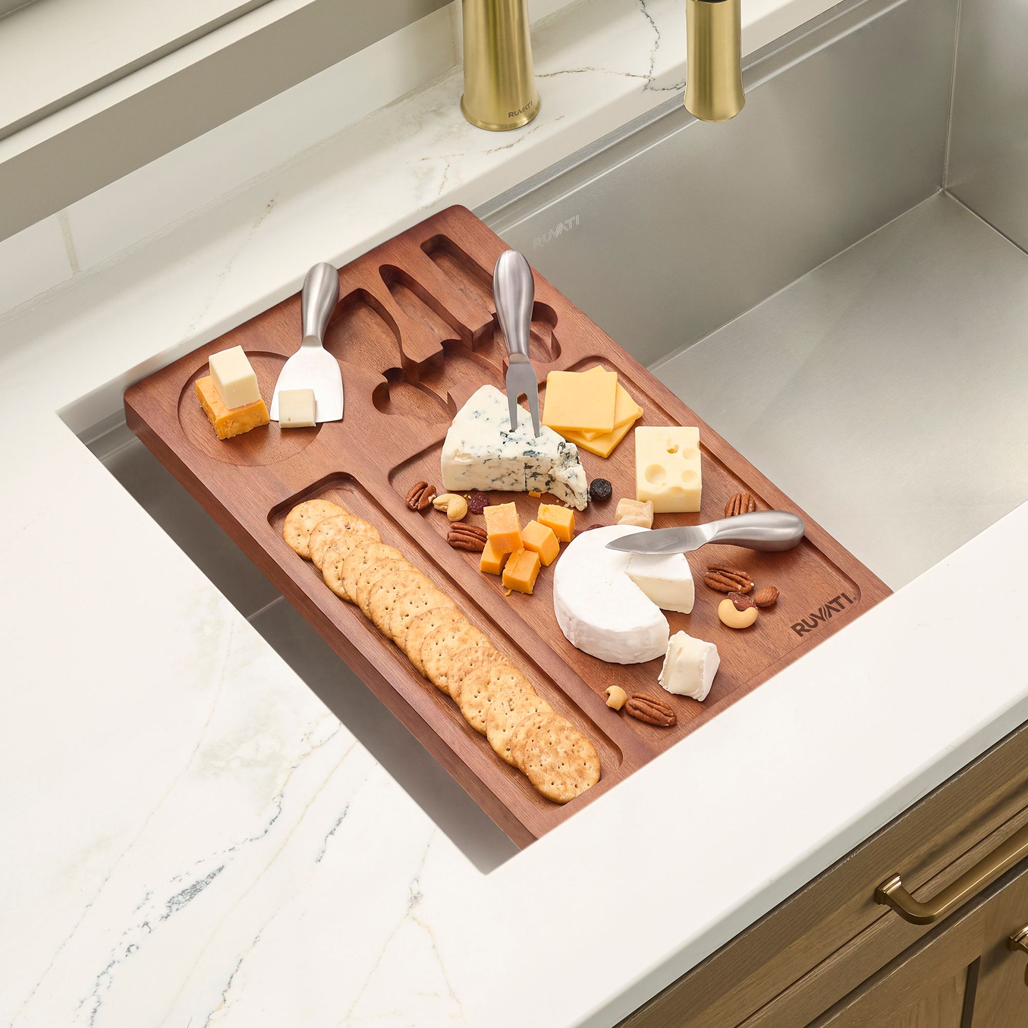 Ruvati LedgeFit Charcuterie Cheese Board Serving Tray Workstation Accessory on Sink Mahogany Wood - RVA1212
