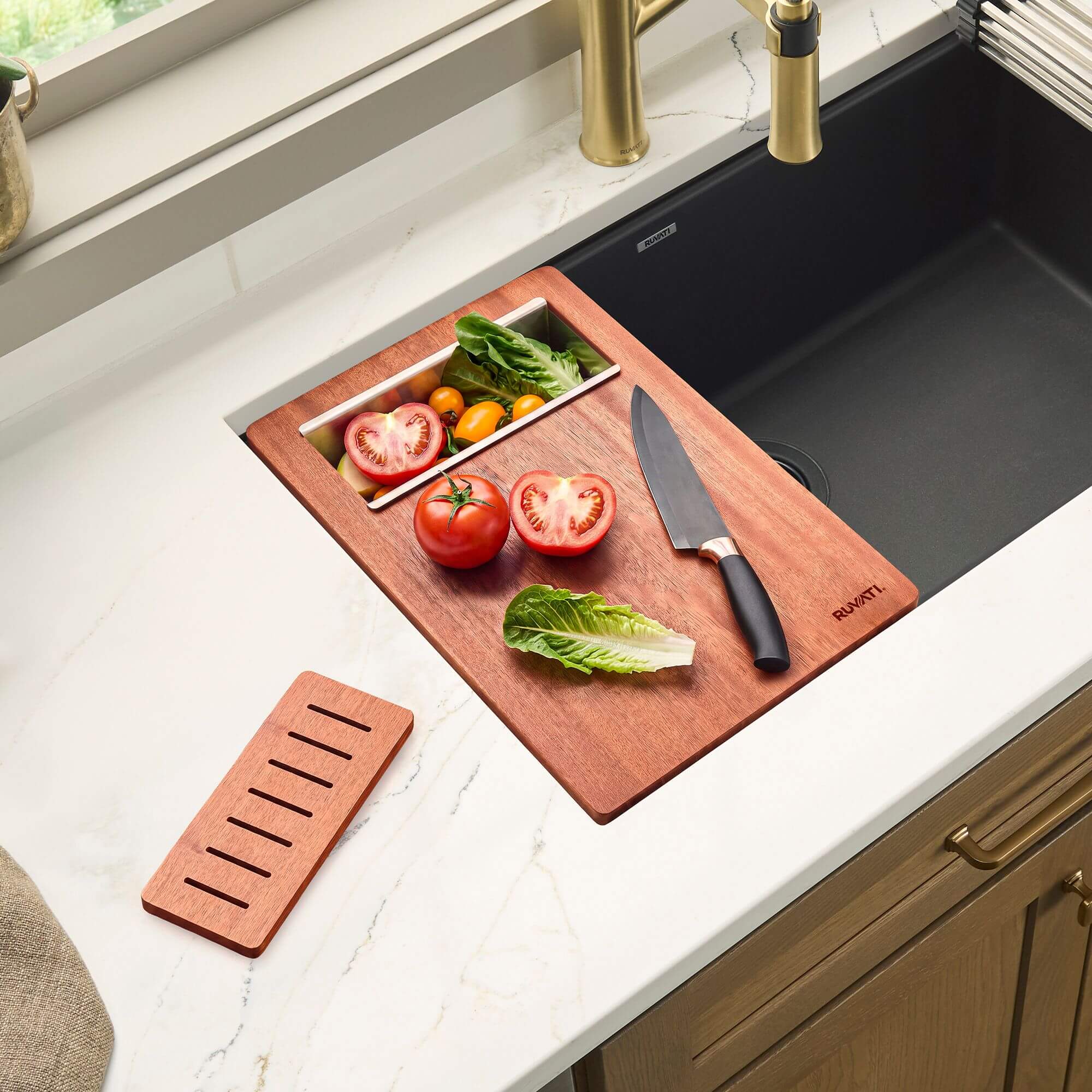 Ruvati LedgeFit Cutting Board with Colander Insert Workstation Sink Accessory - RVA1220