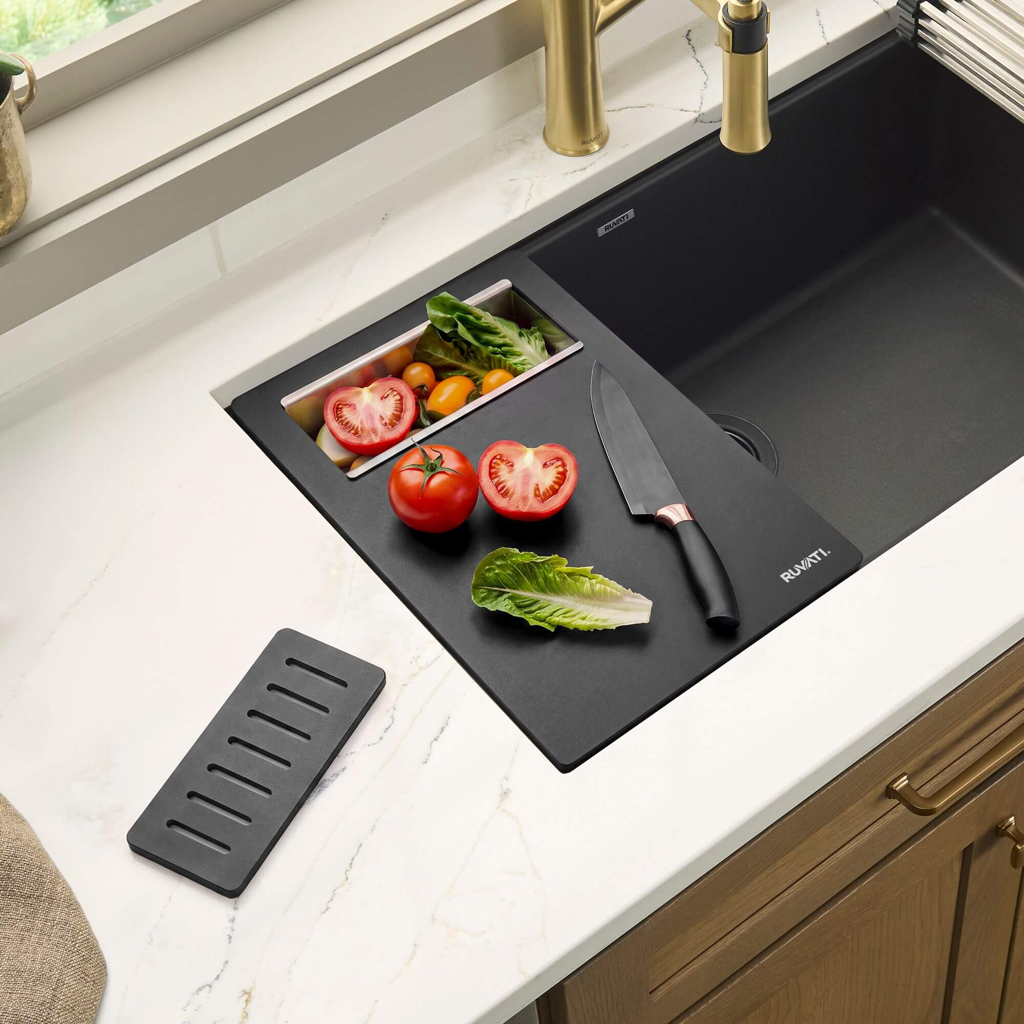Ruvati LedgeFit Cutting Board with Inserted Colander Workstation Sink Accessory in Black Composite - RVA1220BWC