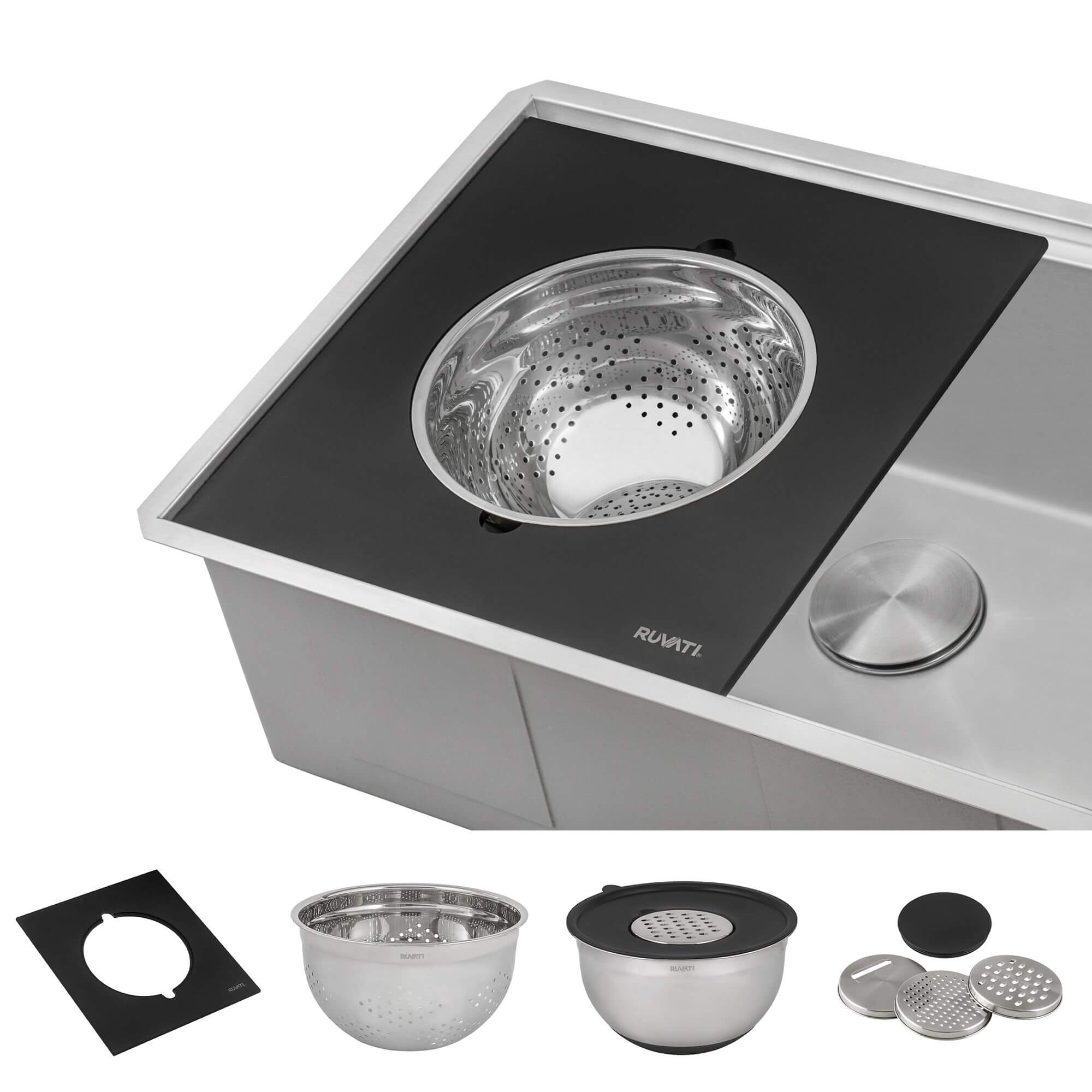 Ruvati Mixing Bowl and Colander with Black Composite Platform (complete set) for Workstation Sinks - RVA1288BWC