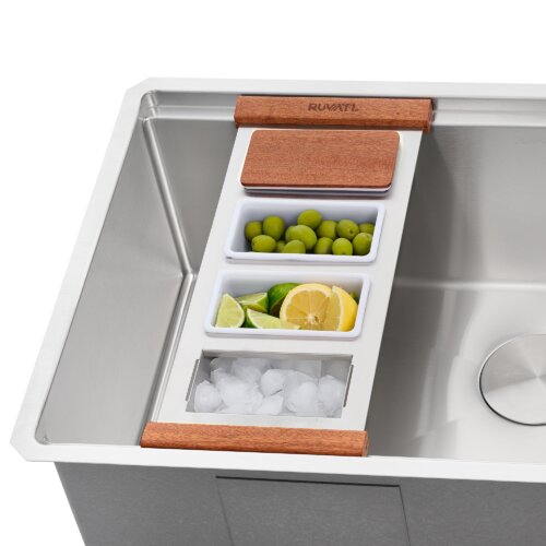 Ruvati LedgeFit Ice Chilled Condiment Tray Mixology Cocktail Bartender Bowl with Solid Hardwood Covers Workstation Sink Accessory - RVA1378