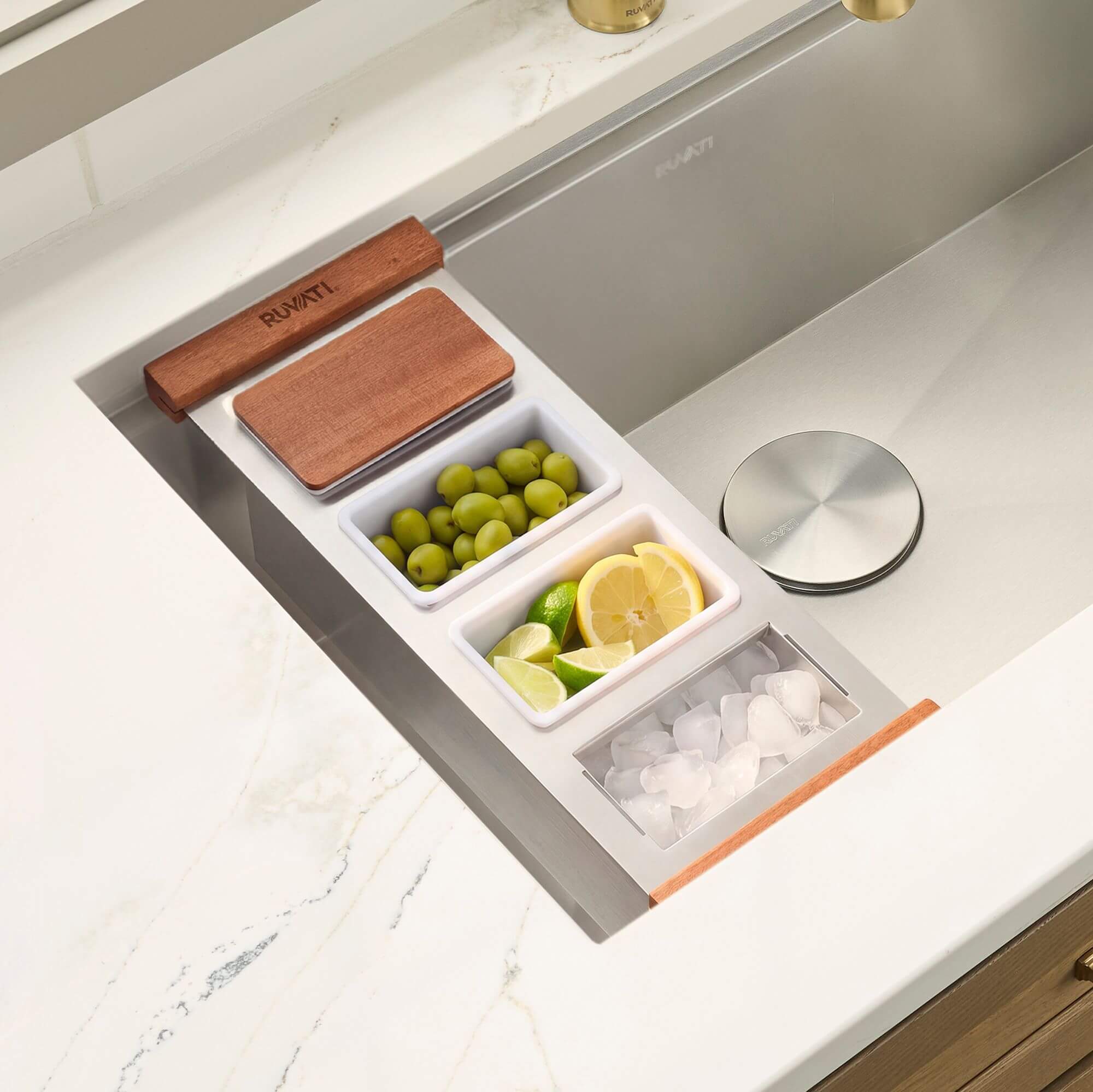 Ruvati LedgeFit Ice Chilled Condiment Tray Mixology Cocktail Bartender Bowl with Solid Hardwood Covers Workstation Sink Accessory - RVA1378