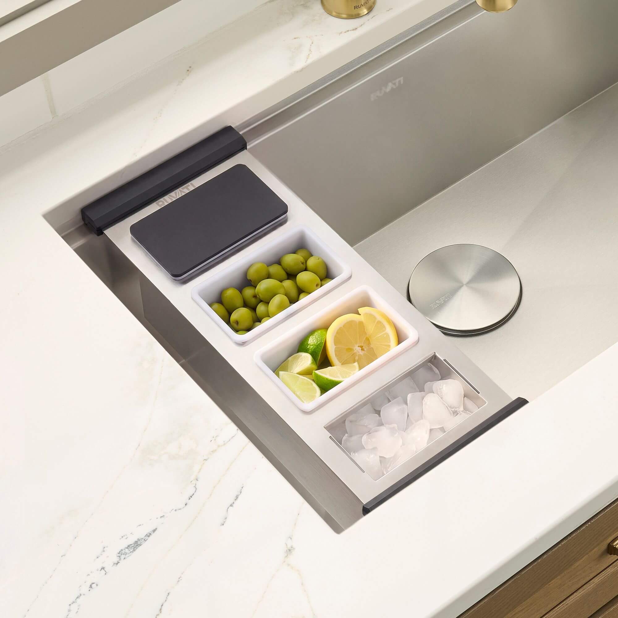 Ruvati LedgeFit Ice Chilled Condiment Tray Cocktail Bartender Bowl with Black Composite Covers Workstation Sink Accessory- RVA1378BWC