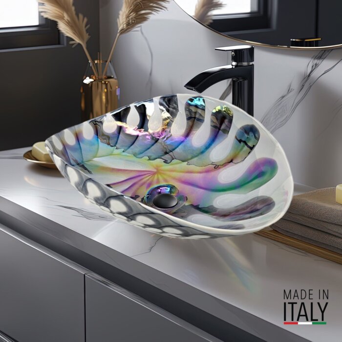 Ruvati 19 inch Murano Glass Art Vessel Seashell Decorative Pattern Bathroom Sink - Spira Luxe Pearl White - RVB3031