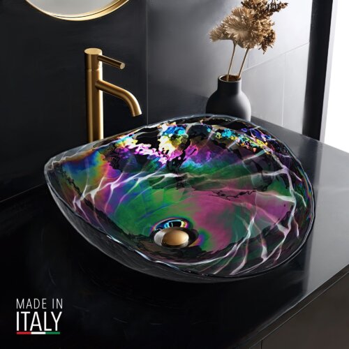 Ruvati 19 inch Murano Glass Art Vessel Seashell Decorative Pattern Bathroom Sink - Cosmic Black - RVB3048
