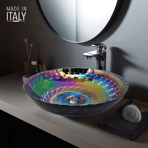 Ruvati 16 inch Murano Glass Art Vessel Circle Decorative Pattern Bathroom Sink - Cosmic Black - RVB3049