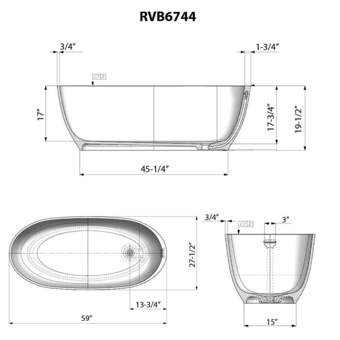 Ruvati 59-inch Matte White epiStone Solid Surface Oval Freestanding Bath Tub Canali - RVB6744WH