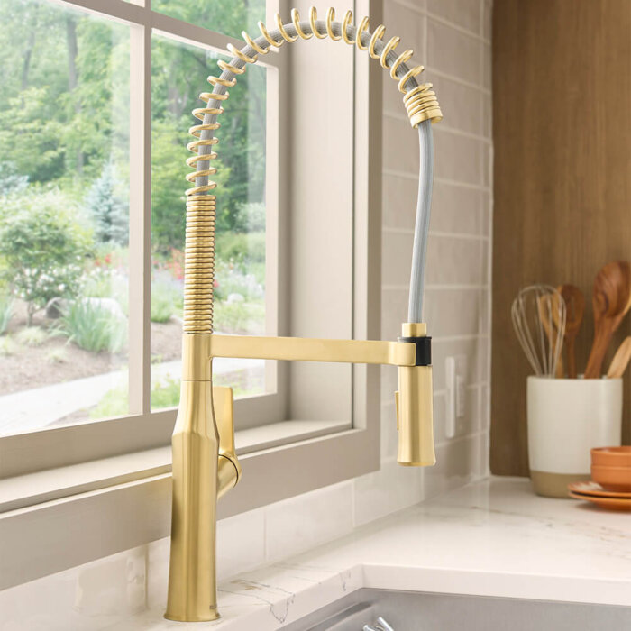 Ruvati Seneca Brushed Gold Single Handle Pull Down Kitchen Faucet Tall High Arc Commercial with Pre-Rinse Sprayer - RVF1233SG