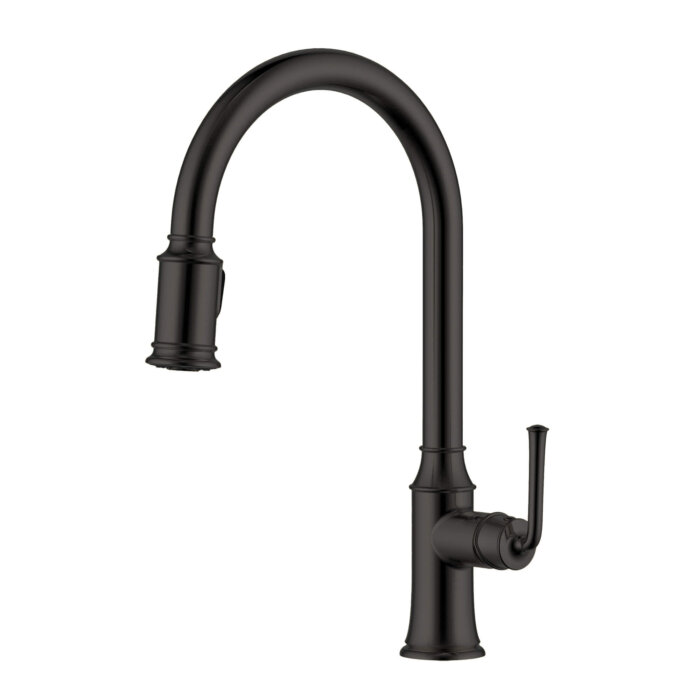 Ruvati Simoni Matte Black Pull Down Kitchen Faucet Single Handle Traditional Classic Style Gooseneck with Sprayer - RVF1234MB