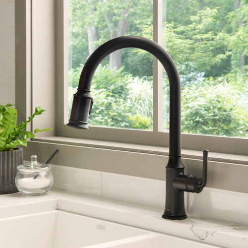 Ruvati Simoni Matte Black Pull Down Kitchen Faucet Single Handle Traditional Classic Style Gooseneck with Sprayer - RVF1234MB