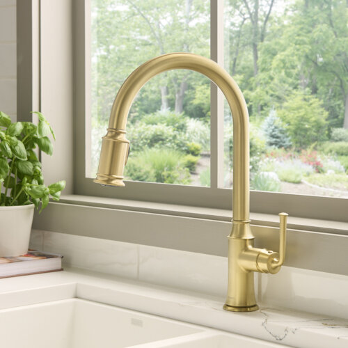 Ruvati Simoni Brushed Gold Kitchen Faucet Single Handle Traditional Farmhouse with Pull Down Spray Hose - RVF1234SG