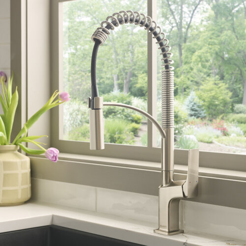 Ruvati Seneca Stainless Steel Single Handle Pull Down Kitchen Faucet Modern Sharp Style with Pre-Rinse Sprayer - RVF1236BN