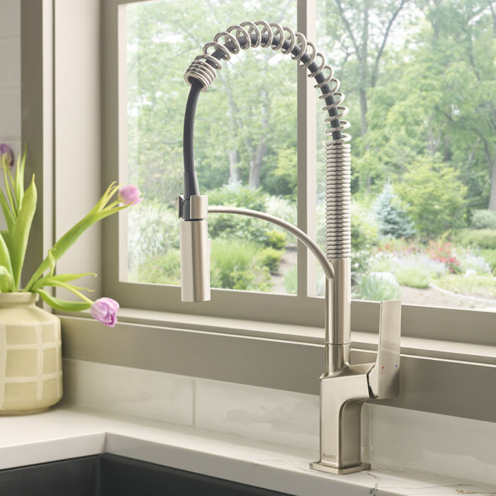 Ruvati Seneca Stainless Steel Single Handle Pull Down Kitchen Faucet Modern Sharp Style with Pre-Rinse Sprayer - RVF1236BN