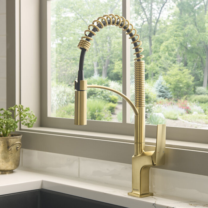 Ruvati Seneca Single Handle Pull Down Spring Kitchen Faucet with Pre-Rinse Sprayer in Brushed Gold - RVF1236SG