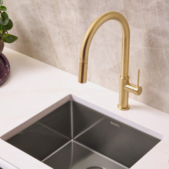 Ruvati Vestia Single Handle Pull Down Kitchen Faucet Knurled Modern Arc with Sprayer in Brushed Gold - RVF1237SG