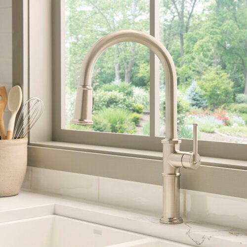 Ruvati Idris Single Handle Pull Down Kitchen Contemporary Art Deco Faucet with Sprayer in Stainless Steel - RVF1239BN