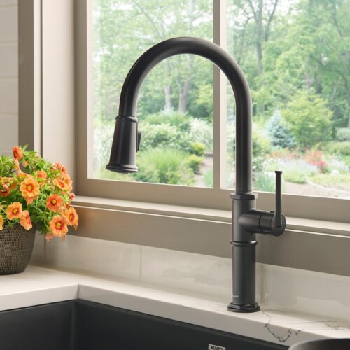 Ruvati Idris Single Handle Pull Down Kitchen Faucet Transitional Modern with Sprayer in Matte Black - RVF1239MB