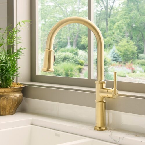 Ruvati Idris Single Handle Pull Down Kitchen Faucet Tall High Arc Gooseneck with Sprayer in Brushed Gold - RVF1239SG