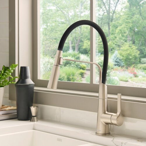 Ruvati Carina Single Handle Flexible Soft Hose Sprayer Kitchen Faucet in Stainless Steel and Black - RVF1242BN
