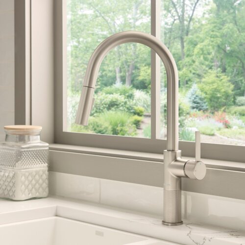 Ruvati Isola Single Handle Pull Down Kitchen Faucet Knurling Contemporary Tall Arc in Stainless Steel - RVF1248BN