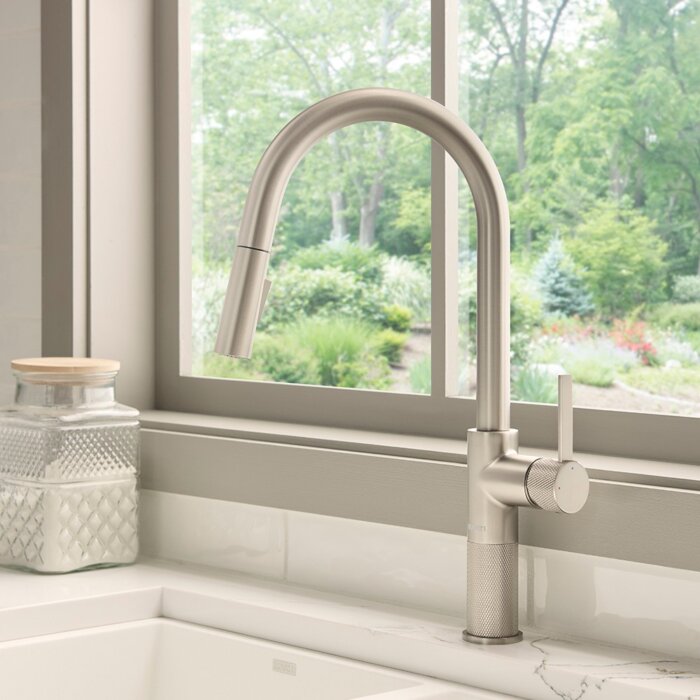 Ruvati Isola Single Handle Pull Down Kitchen Faucet Knurling Contemporary Tall Arc in Stainless Steel - RVF1248BN