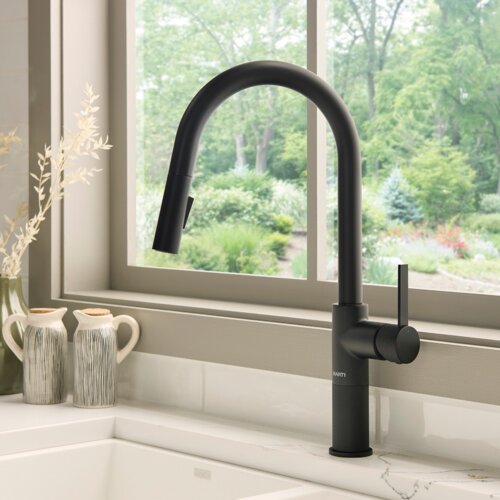 Ruvati Isola Single Handle Pull Down Kitchen Faucet Modern Knurled with Sprayer in Matte Black - RVF1248MB