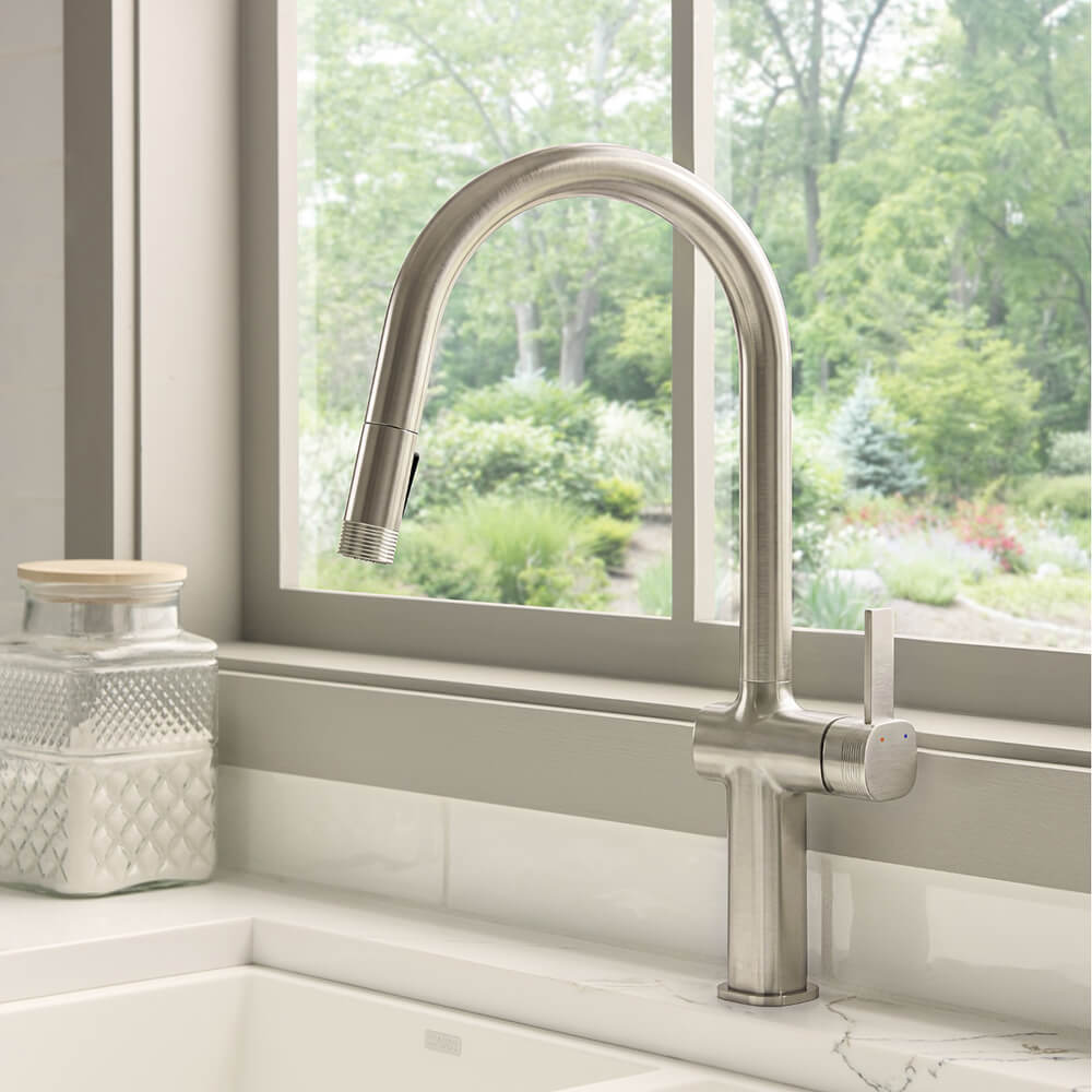 Ruvati Demi Single Handle Pull Down Kitchen Faucet Fluted Arc with Sprayer in Stainless Steel - RVF1249BN