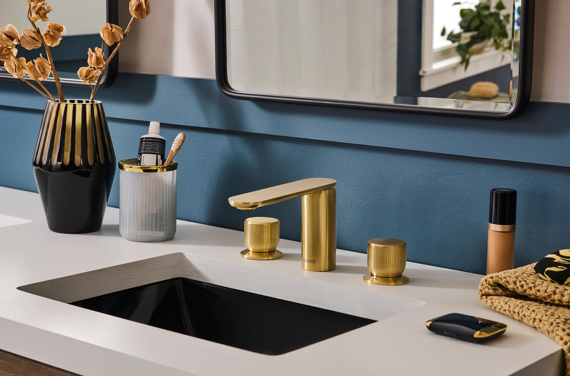 Ruvati Fabio Two Handle Widespread Fluted Luxury Knob Bathroom Faucet in Brushed Gold - RVF5235SG
