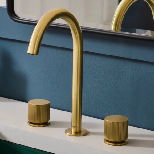 Ruvati Fabio Two Handle Widespread Fluted Knob Arc Round Neck Bathroom Faucet in Brushed Gold - RVF5238SG