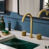 Ruvati Fabio Two Handle Widespread Fluted Knob Arc Round Neck Bathroom Faucet in Brushed Gold - RVF5238SG