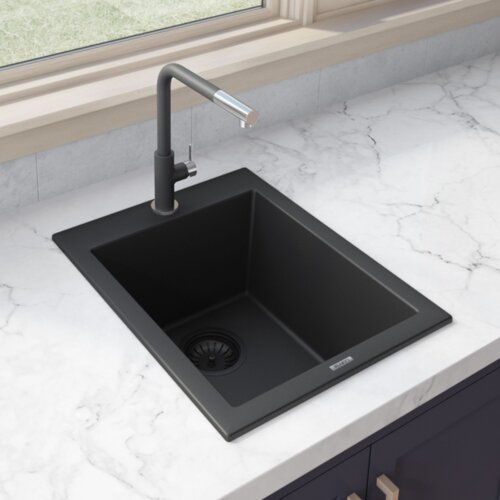 Ruvati 18 x 20 inch epiGranite Drop-in Topmount Granite Composite Quartz Single Bowl Wet Bar Prep Sink - Midnight Black - RVG1018BK