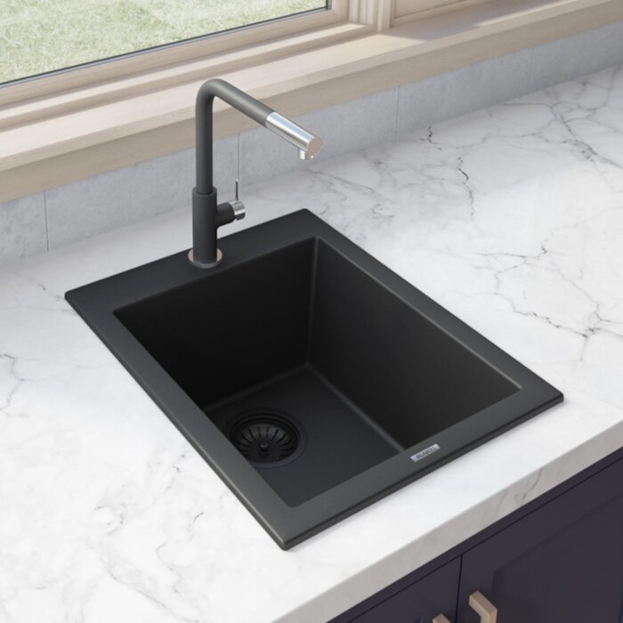 Ruvati 18 x 20 inch epiGranite Drop-in Topmount Granite Composite Quartz Single Bowl Wet Bar Prep Sink - Midnight Black - RVG1018BK