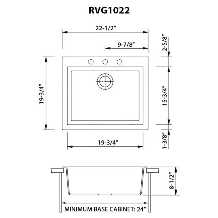 Ruvati 22 x 20 inch epiGranite Drop-in Topmount Granite Composite Single Bowl Kitchen Sink - Midnight Black - RVG1022BK