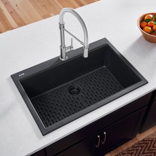 Ruvati 33 x 22 inch epiGranite Drop-in Topmount Granite Composite Quartz Single Bowl Kitchen Sink - Midnight Black - RVG1080BK