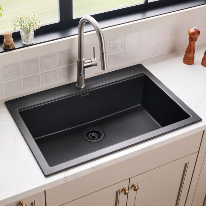 Ruvati 33 x 22 inch epiGranite Drop-in Topmount Granite Composite Quartz Single Bowl Kitchen Sink - Midnight Black - RVG1083BK Ruvati 33 x 22 inch epiGranite Drop-in Topmount Granite Composite Quartz Single Bowl Kitchen Sink - Midnight Black - RVG1083BK
