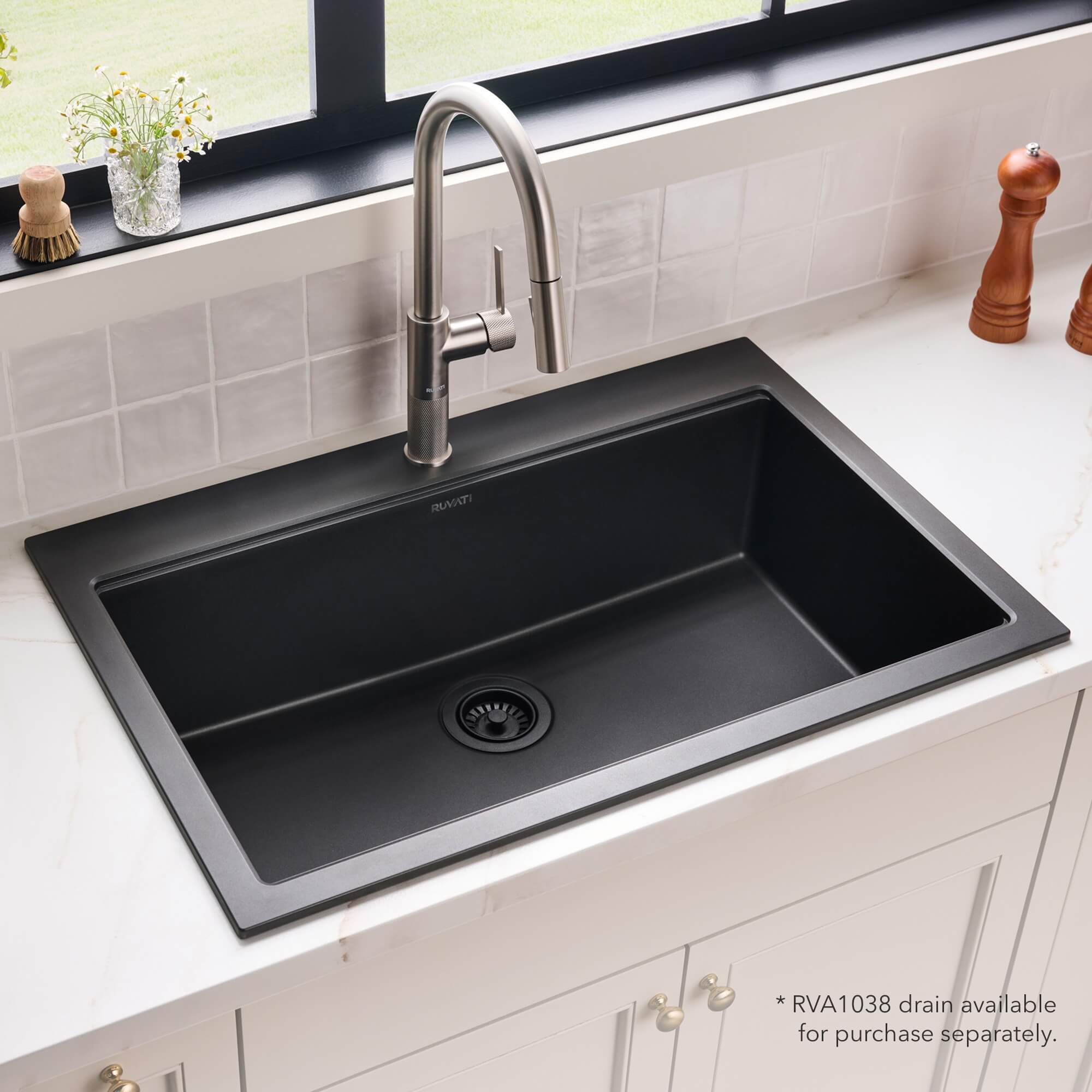 Ruvati 33 x 22 inch epiGranite Drop-in Topmount Granite Composite Quartz Single Bowl Kitchen Sink - Midnight Black - RVG1083BK