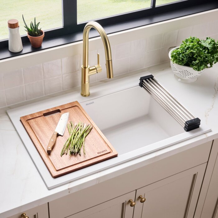 Ruvati 33-inch Drop-in Topmount Workstation Granite Composite Quartz Kitchen Sink - Arctic White Matte - RVG1303WH