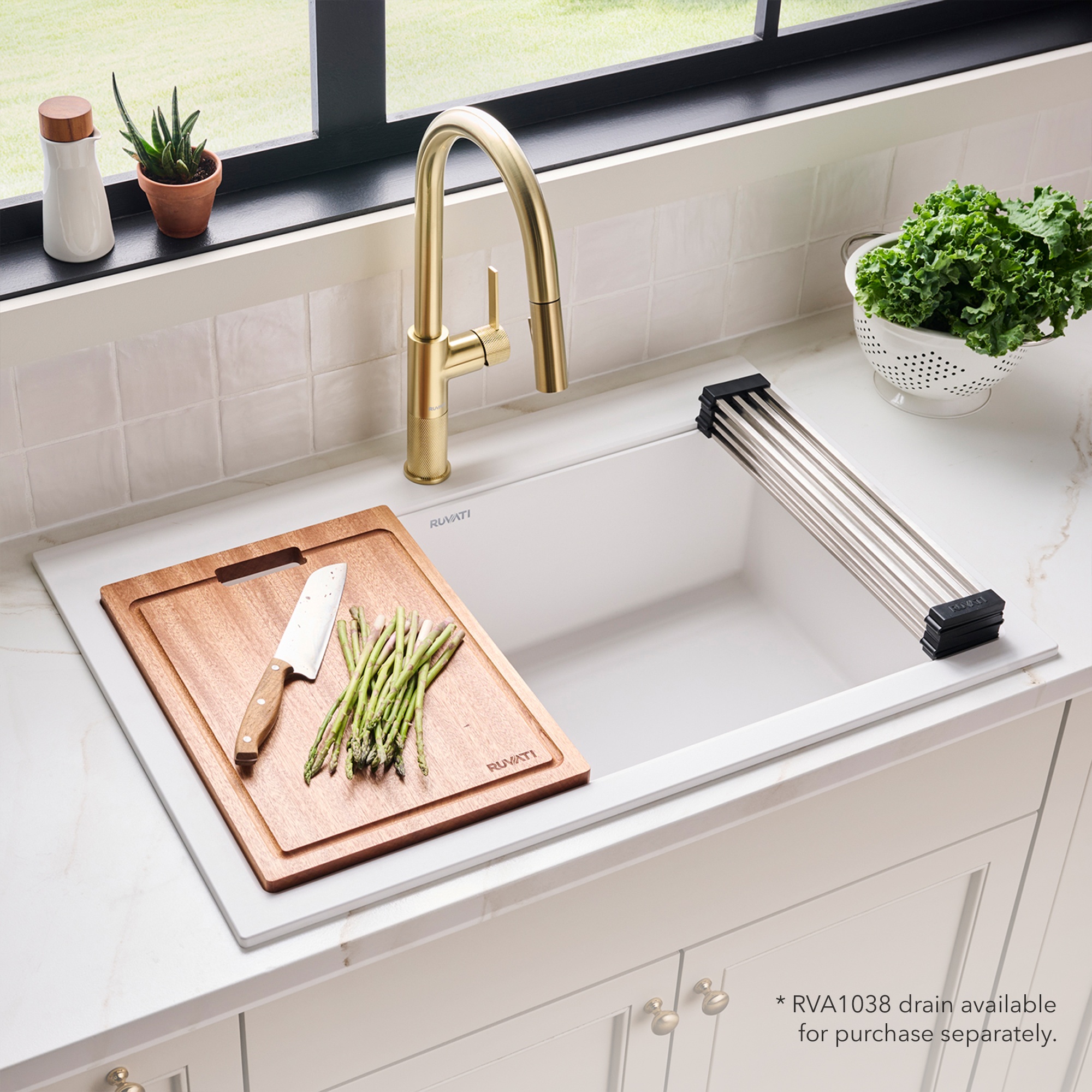 Ruvati 33-inch Drop-in Topmount Workstation Granite Composite Quartz Kitchen Sink - Arctic White Matte - RVG1303WH