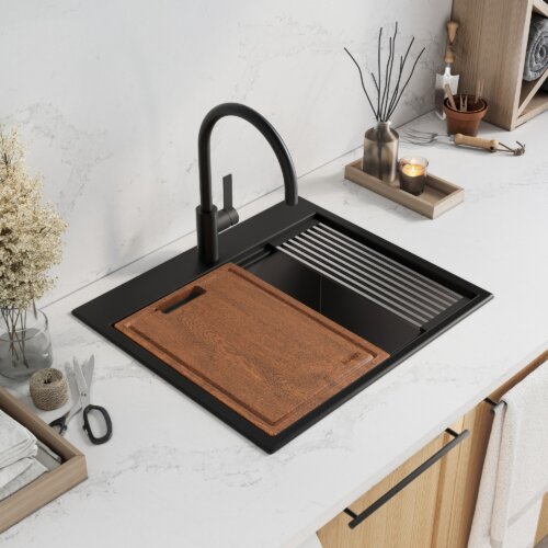 Ruvati 25-inch epiRock Workstation Charcoal Black Topmount Laundry Sink - RVG1321CK