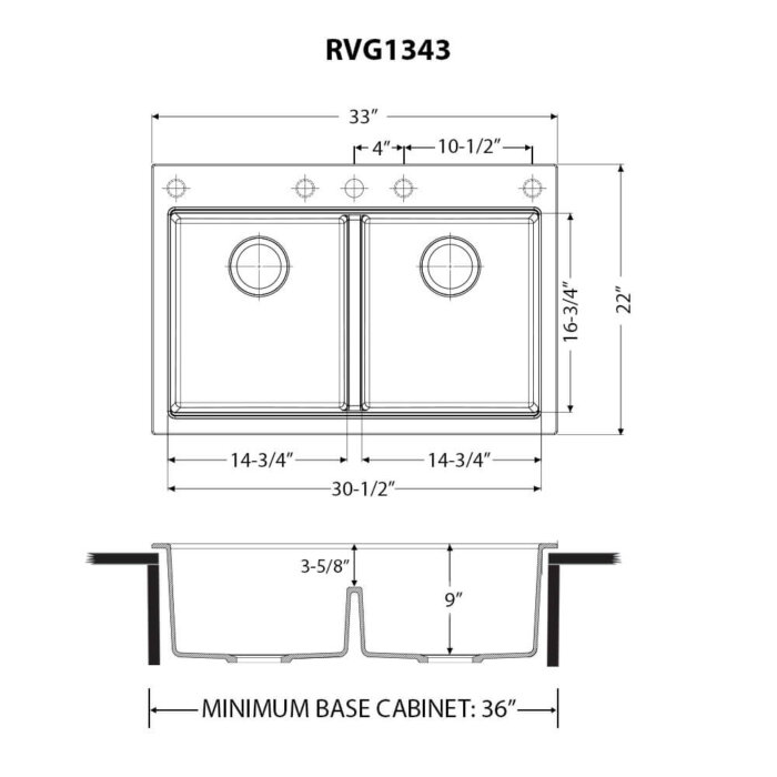 Ruvati 33-inch Drop-in Topmount Workstation 50/50 Double Bowl Granite Composite Quartz Kitchen Sink -  Midnight Black - RVG1343BK