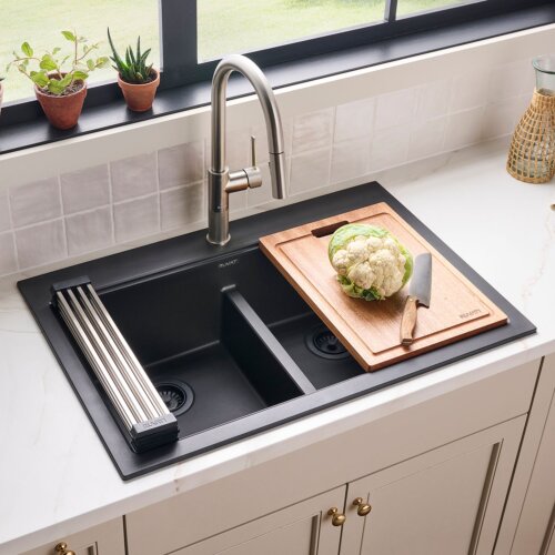Ruvati 33-inch Drop-in Topmount Workstation 50/50 Double Bowl Granite Composite Quartz Kitchen Sink - Midnight Black - RVG1343BK