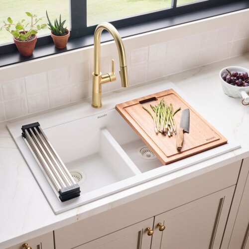 Ruvati 33-inch Drop-in Topmount Workstation 50/50 Double Bowl Granite Composite Quartz Kitchen Sink - Arctic White Matte - RVG1343WH