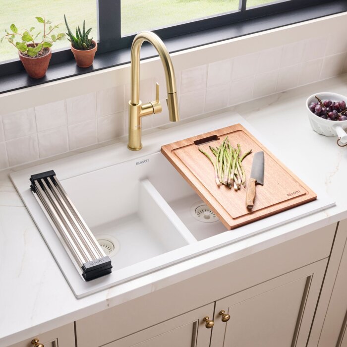 Ruvati 33-inch Drop-in Topmount Workstation 50/50 Double Bowl Granite Composite Quartz Kitchen Sink - Arctic White Matte - RVG1343WH