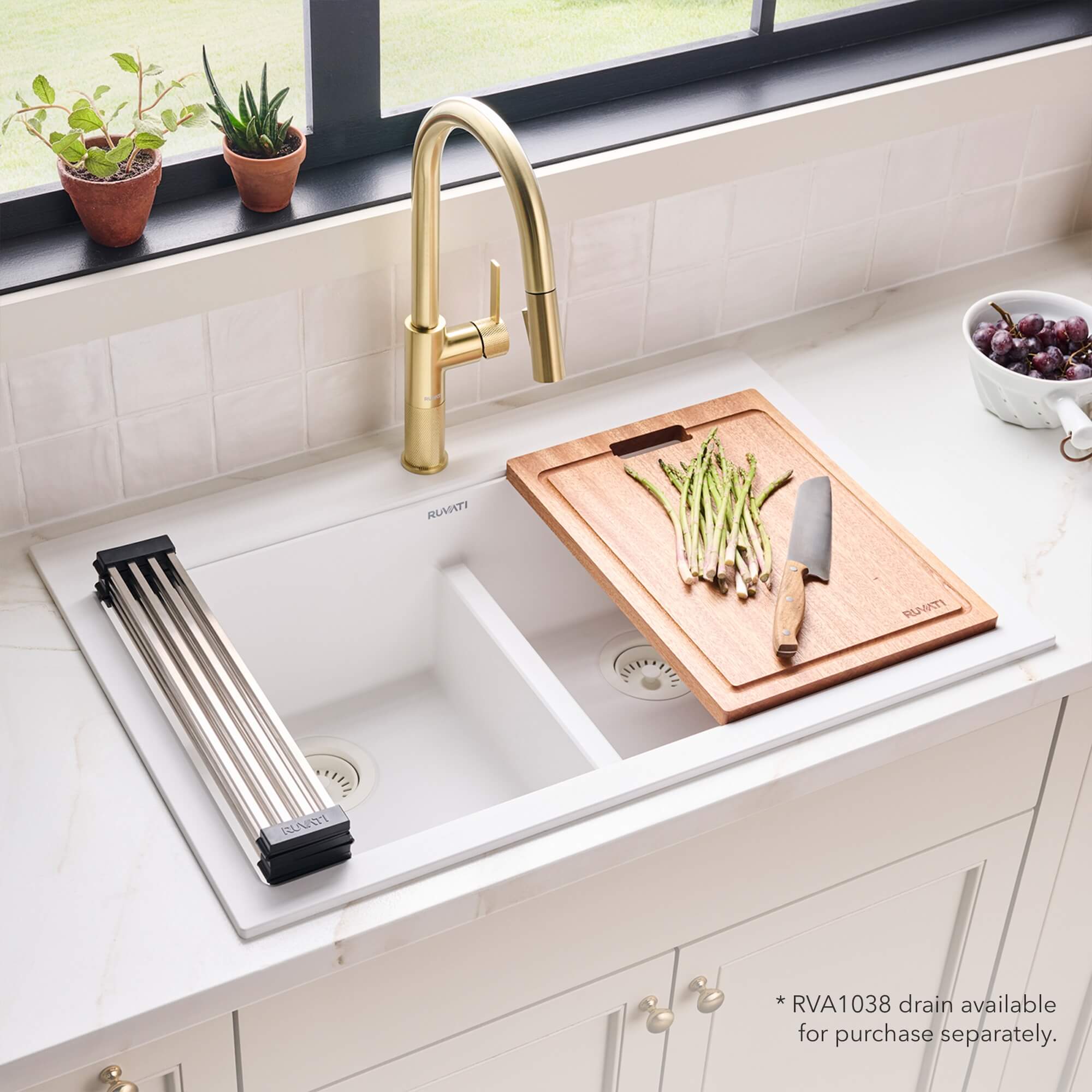 Ruvati 33-inch Drop-in Topmount Workstation 50/50 Double Bowl Granite Composite Quartz Kitchen Sink - Arctic White Matte - RVG1343WH