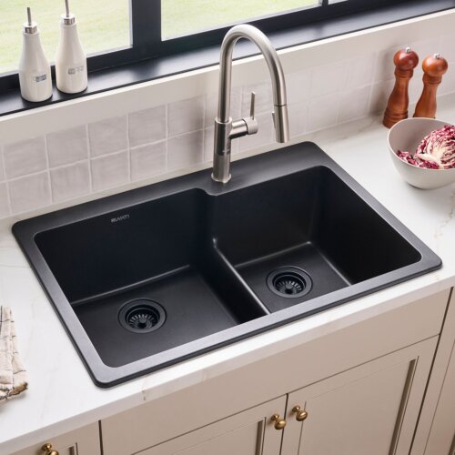 Ruvati 33 x 22 inch epiGranite Drop-in Topmount Granite Composite Quartz Double Bowl Kitchen Sink - Midnight Black - RVG1347BK