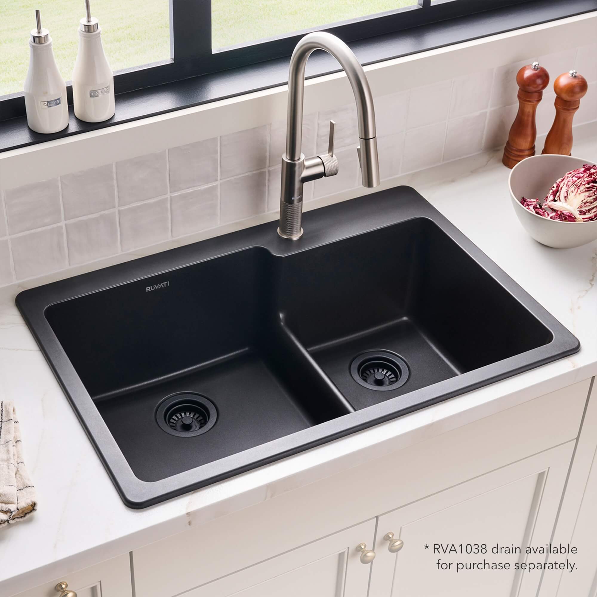 Ruvati 33 x 22 inch epiGranite Drop-in Topmount Granite Composite Quartz Double Bowl Kitchen Sink - Midnight Black - RVG1347BK