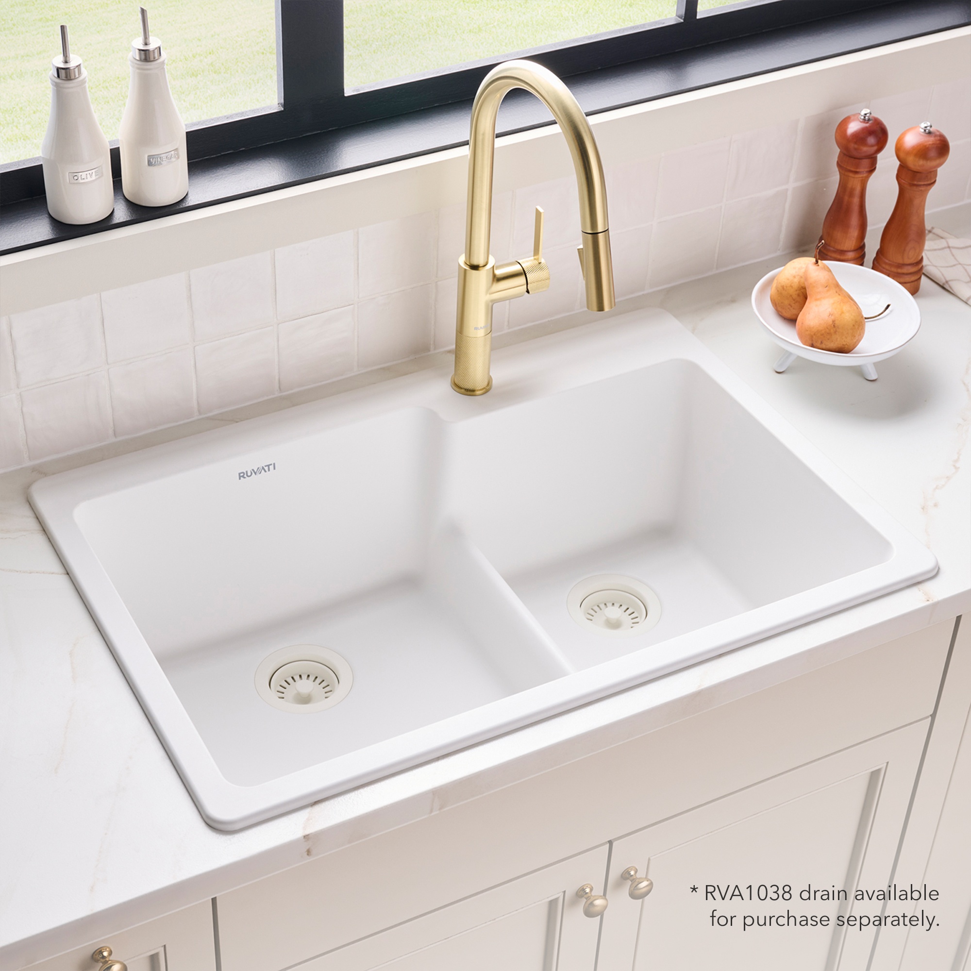 Ruvati 33 x 22 inch epiGranite Drop-in Topmount Granite Composite Quartz Double Bowl Kitchen Sink - Arctic White Matte - RVG1347WH