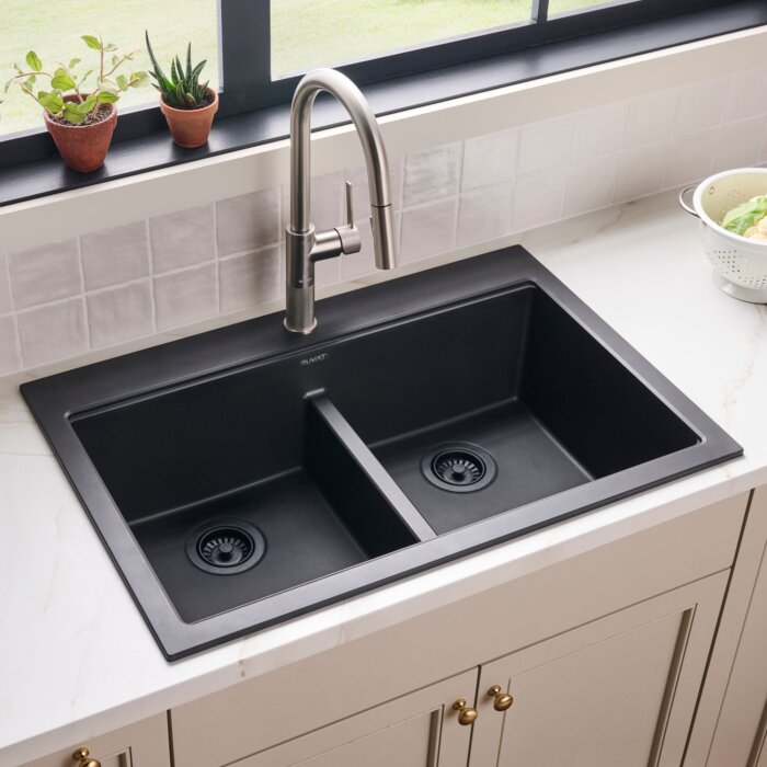 Ruvati 33 x 22 inch epiGranite Drop-in TopMount Granite Composite Quartz Double Bowl Low Divide Kitchen Sink - Midnight Black - RVG1385BK