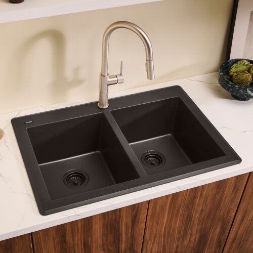 Ruvati 33 x 22 inch epiGranite Drop-in Topmount Granite Composite Quartz Double Bowl Kitchen Sink - Midnight Black - RVG1388BK